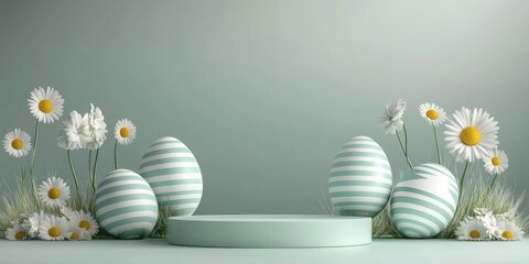 Easter-themed background with a podium and striped eggs, decorated with daisies. A podium for product presentation and Happy Easter Festival Concept, April 2025..
