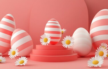 Easter-themed background with a podium and striped eggs, decorated with daisies. A podium for product presentation and Happy Easter Festival Concept, April 2025..