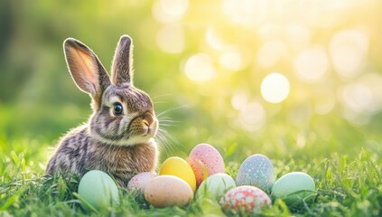 Easter bunny with colorful eggs in the grass, Easter background, copy space for text.