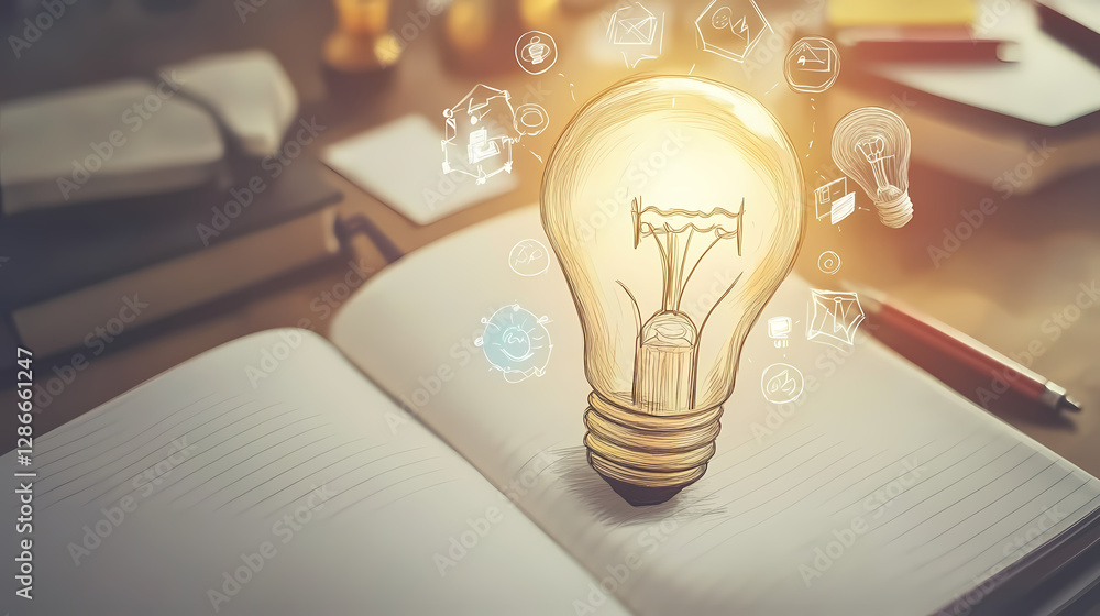 Poster illumination of insight: a luminous light bulb floats above an open notebook, surrounded by other el