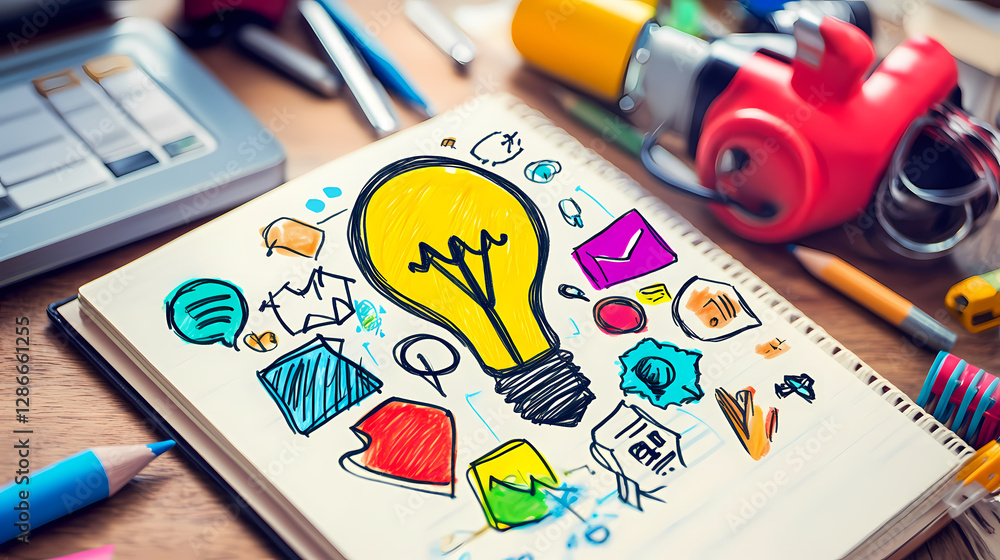 Poster creative spark: a vibrant sketchpad overflowing with colorful doodles and the central image of a lig