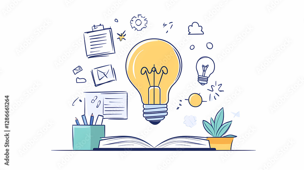 Poster idea generation: a vibrant illustration showcasing a large glowing lightbulb above an open book, sur