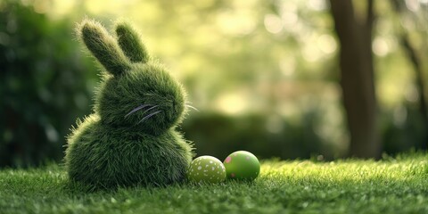 Green grass covered with green fur in the shape of an Easter bunny sitting on top, Easter eggs, Easter background. Happy Easter Festival Concept, April 2025.