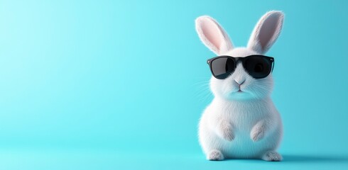Happy white rabbit with black sunglasses on a pastel blue background. close-up shot, Happy Easter Festival Concept, April 2025.