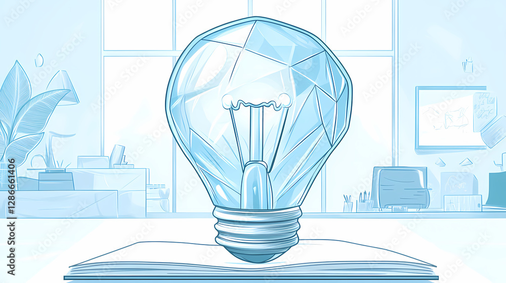 Poster illuminating innovation: a digitally crafted image of a luminous lightbulb, faceted and gleaming, re