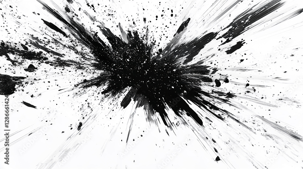 Poster black ink explosion with dynamic streaks and splatters on a white background, symbolizing energy, ch