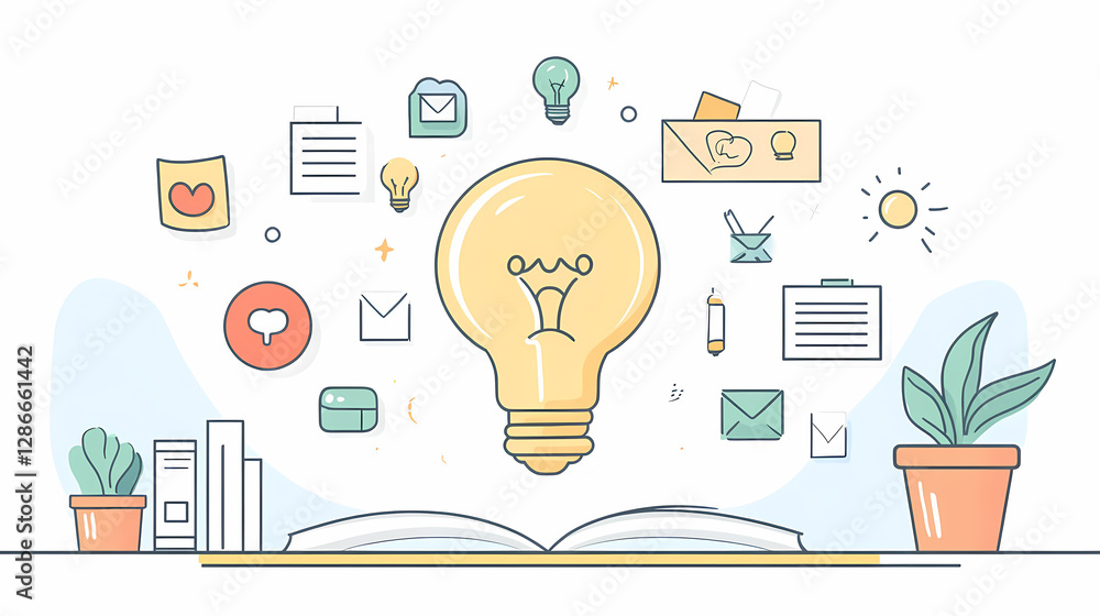 Poster illumination of ideas: an open book serves as a launchpad for a radiant light bulb, surrounded by an