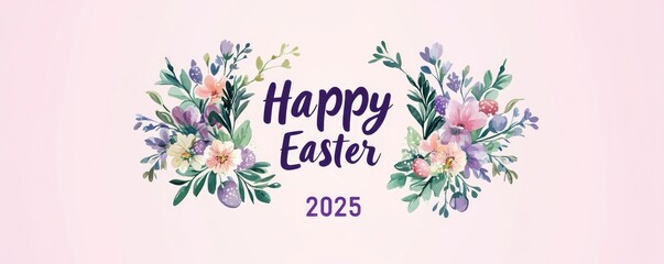 Happy Easter 2025 text, purple and green Easter wreath with flowers. Happy Easter, April 2025.