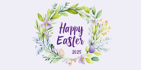 Happy Easter 2025 text, purple and green Easter wreath with flowers. Happy Easter, April 2025.