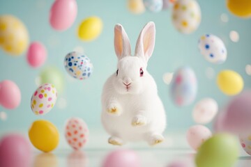 White Easter bunny surrounded by flying colorful eggs, Happy Easter Festival Concept, April 2025.