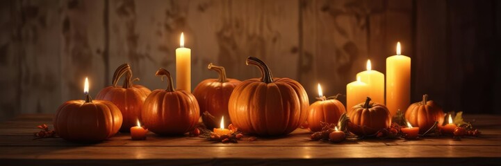 warm candlelight on a wooden table with pumpkins, wooden furniture, warm light, autumn