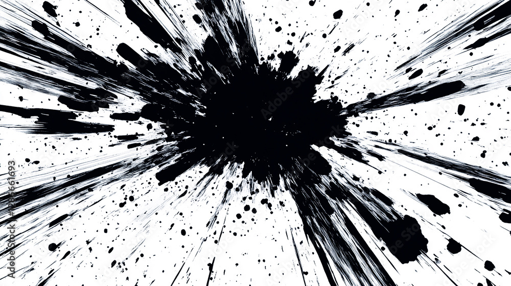 Aufkleber black ink explosion with dynamic splatters on a white background, symbolizing force, motion, and int
