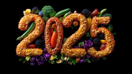 Fresh fruits and vegetables arranged in the shape of the number 20 for a healthy new year greeting 2025