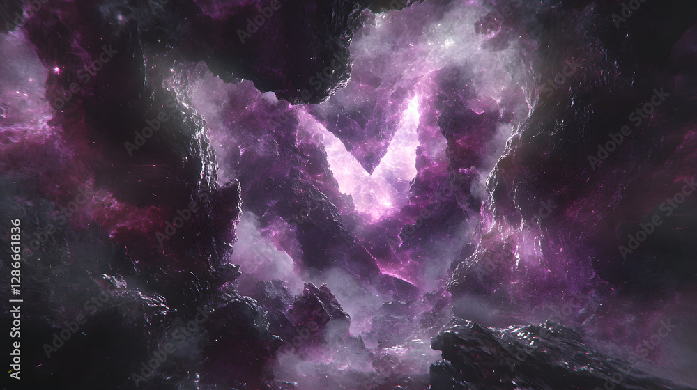 Poster abstract design featuring a large dark shape on a purple and black background for artistic use