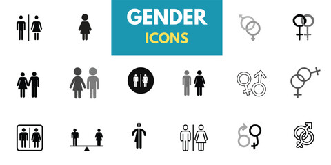 Line icons about gender identity. Contains such icons as equality, male, female, transgender, and genderqueer. Male female sign, men women symbol, toilet wc vector icon set, gender collection, 