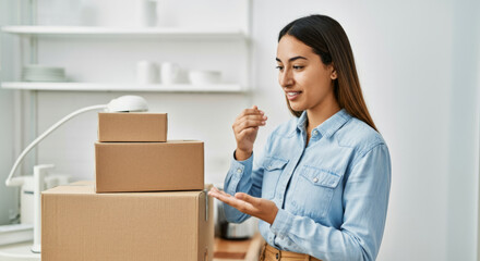 A woman is standing in front of a stack of boxes, smiling