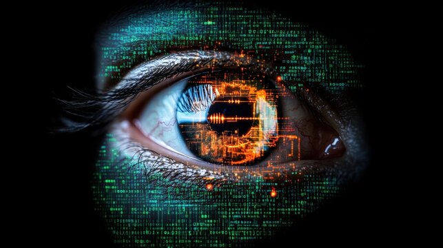 Close up of human eye with digital technology background in green color scheme for cyber security theme