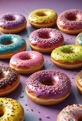 Vibrant illustration of donuts with various sprinkle colors and sugary glazes, bakery goods, rainbow sprinkles, frosted delights, treat for the eyes