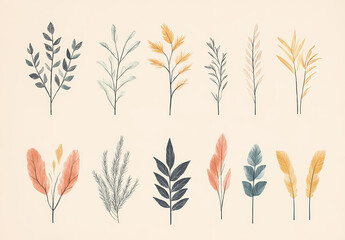 Botanical Watercolor Elements: A collection of hand-painted watercolor botanical elements showcasing delicate leaves, branches, and foliage in a diverse palette of soft, muted colors.