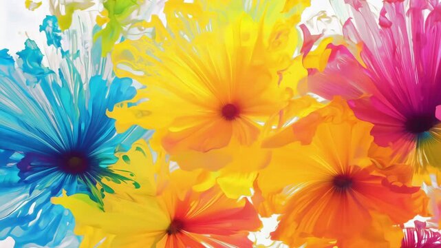 Vibrant abstract flowers created with colorful ink splashes in water, forming dynamic shapes in shades of yellow, blue, pink, and orange.
