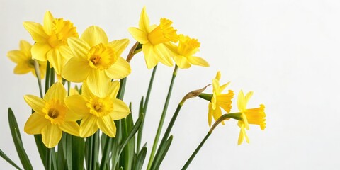 Obraz premium Vibrant daffodils against a creamy white background, spring flowers, daffodils, blossoms, blooms, nature