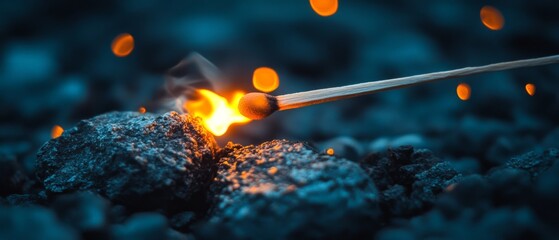 A match ignites, casting a bright flame and warm glow amidst dark stones, creating a dramatic and captivating scene.