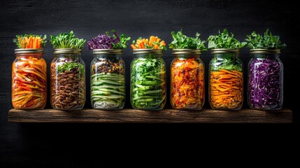 Row of mason jars filled with various vegetables and assorted fermented foods on display