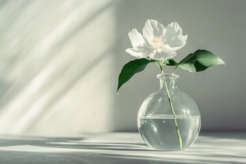 Delicate white flower standing gracefully in a crystal clear vase illuminated by soft natural light