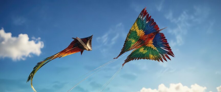 Vibrant colors of a Balinese Jagan Kite against a bright blue sky, bright blue, , cheerful mood