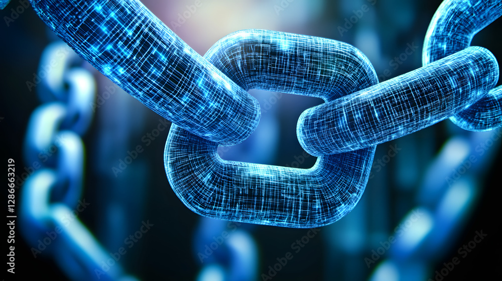 Poster conceptual image of a chain link with a futuristic design and abstract elements in the background