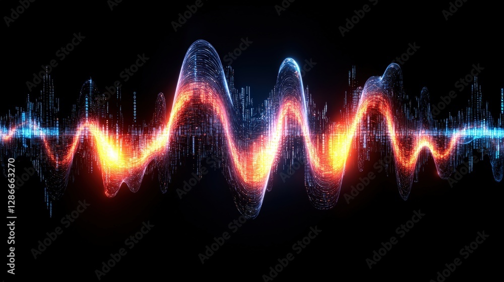 Wall mural abstract sound wave visualization with data flow on a black background in high fidelity detail