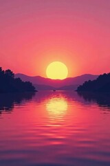 Fototapeta premium Sunset over a serene lake with a smooth gradient background from pink to orange, pink, sky