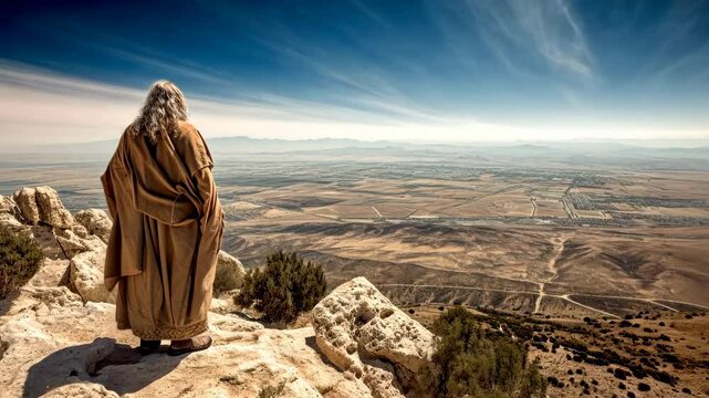 A prophet of God at the top of a hill contemplating the Promised Land 4K