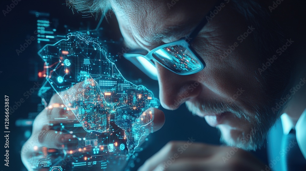 Poster man gazing at computer screen displaying futuristic metaverse digital technology concept in cyber wo