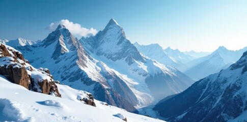 Obraz premium Snowflakes dance in the air, settling gently on the rugged peaks of the mountains, natural, mountain, scenery