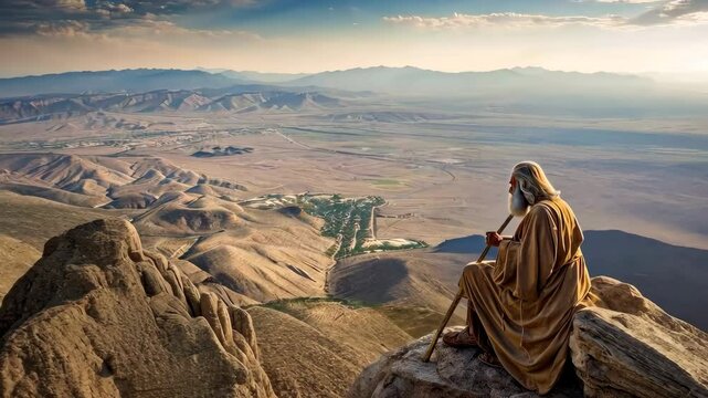 A prophet of God sitting at the top of a hill contemplating the Promised Land 4K