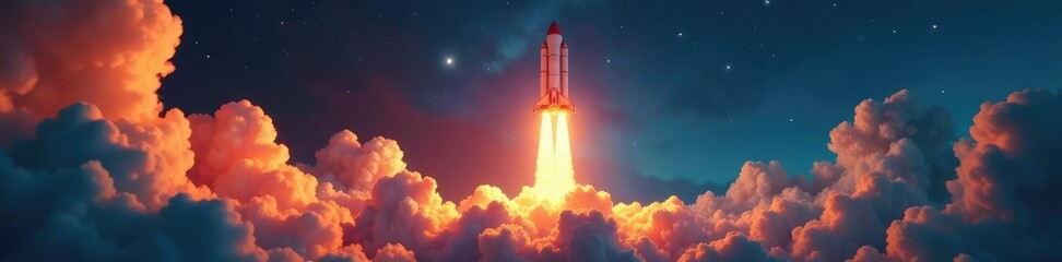 Rocket ship blasting off into the sky with smoke and flames, smoke, fire, cosmos