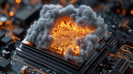 Cloud of smoke rising from a computer motherboard with networking technology and big data background