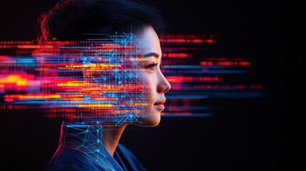 Womans face with digital patterns and sacred geometry representing consciousness and algorithmic design