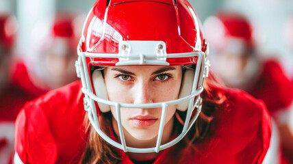 A focused female football player in a red helmet and uniform, showcasing determination in a competitive sports environment.