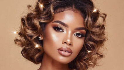 Fototapeta premium Portrait of African American woman with curly hair and golden makeup on beige background. Model girl