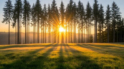 Obraz premium Sunrise Illuminating A Tranquil Forest With Tall Trees And Glowing Golden Grass In Morning Light