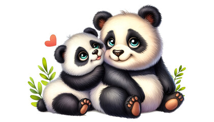 Fototapeta premium Watercolor clipart of a baby panda with its mother. Watercolor clipart illustration isolated on a white background
