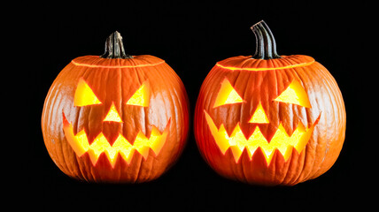 Obraz premium Two spooky jack-o'-lanterns glow menacingly against a black background, capturing the essence of Halloween festivities.