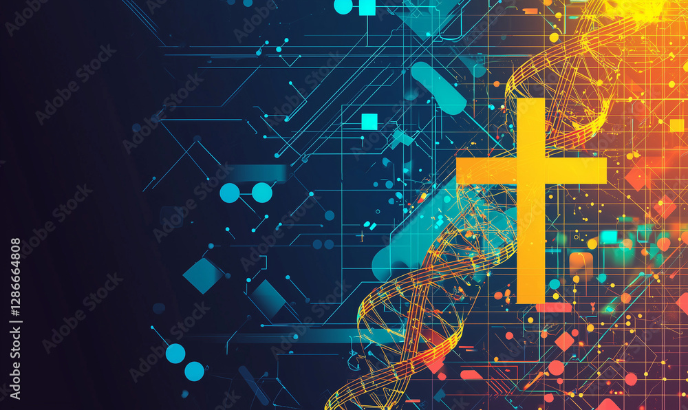 Aufkleber abstract digital background featuring a prominent yellow cross amidst colorful geometric patterns an