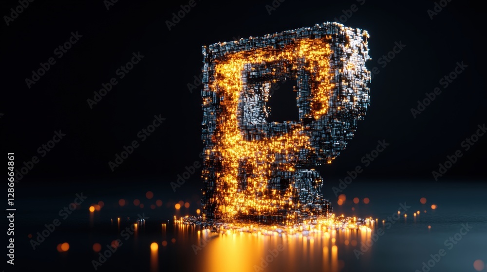 Poster 3d image of a face composed of glowing lights and digital network for global communication