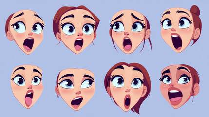 Teen girl mouth animation set isolated on white background. Vector cartoon illustration of female lip sync collection, sound pronunciation, speech constructor, sad and anger emotions, pack of brows