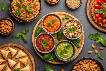 Overhead view of various dips, pastries, and nuts arranged on a dark surface.