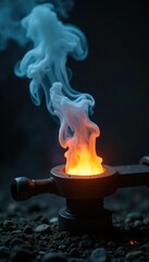 Fiery hot tool emitting dense smoke in the background, heat, burning, metal