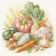 Sketch vegetables. Vintage hand drawn garden vegetable collection. Carrots broccoli potato salad mushroom farming vector set. Salad and carrot, sketch 